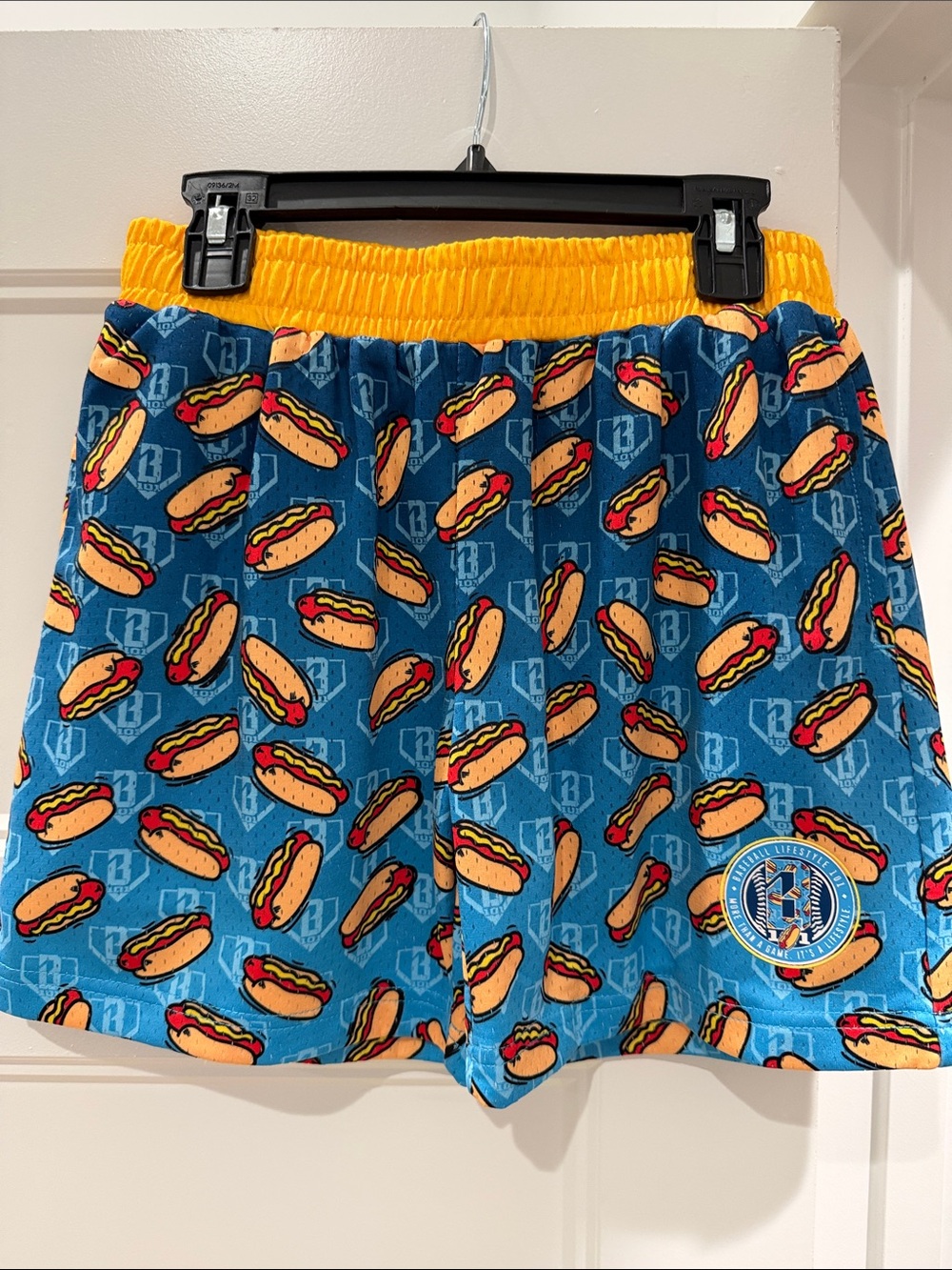 Youth Medium baseball lifestyle Hot Dog Print Blue & Yellow Elastic Waist Shorts